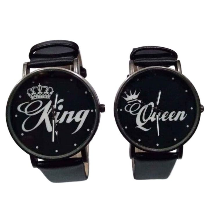 Black Round Dial King & Queen Printed Fashion Couple Watch | Black King & Queen Printed Dial Quartz Couple Watch