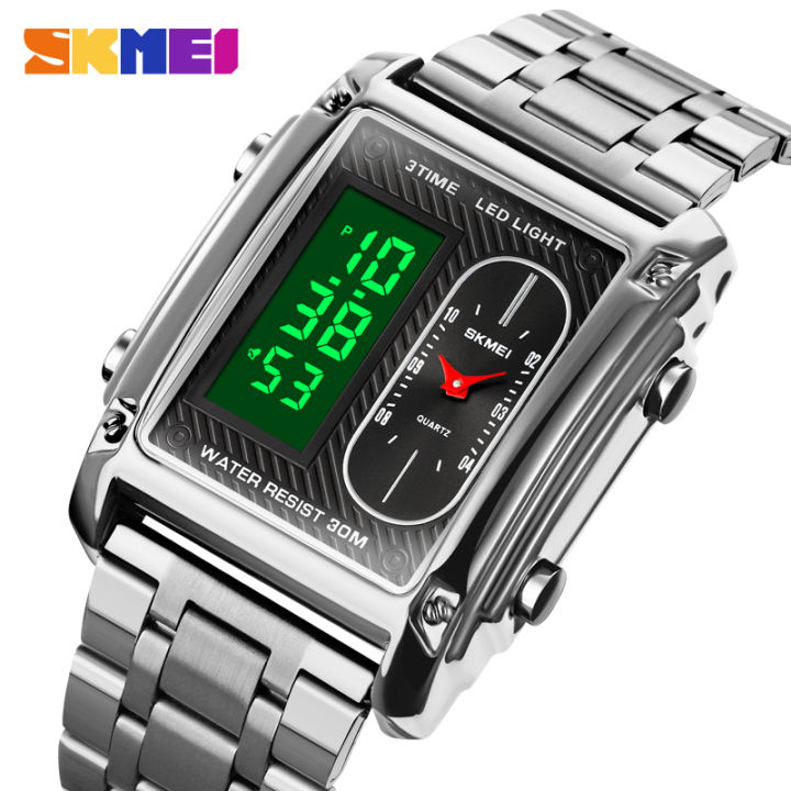 SKMEI 1868 Men Watch Casual Rectangle Dial Stopwatch Digital Analog Luminous Stainless Steel  - Silver