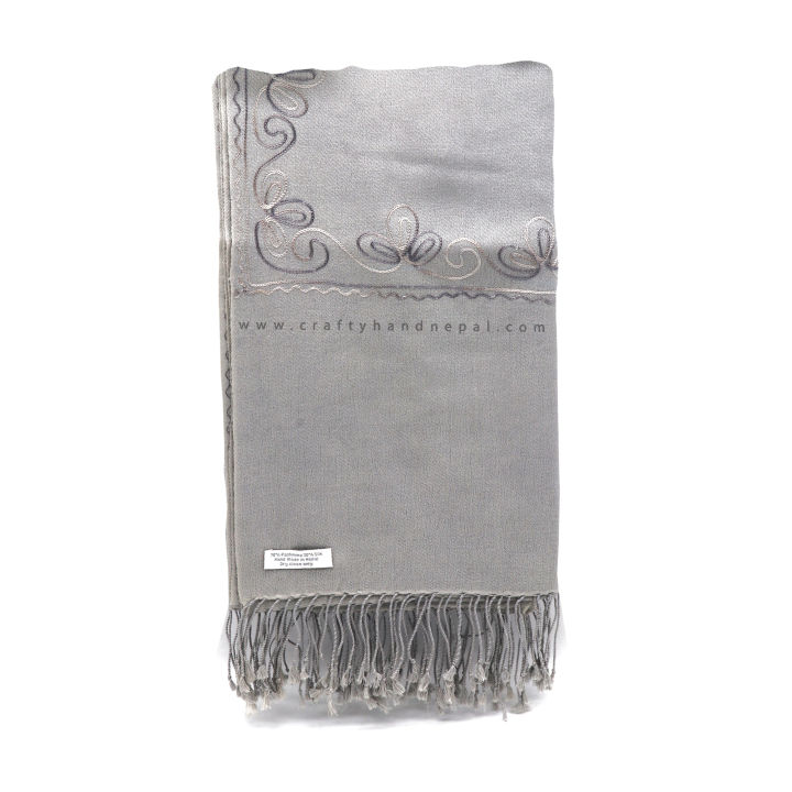 Silver Color Embroidered Shawl / 70% Pashmina 30% Silk