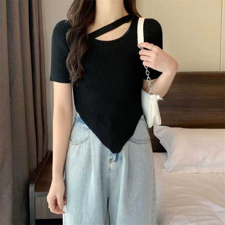 Summer Neck Rib Top For Women