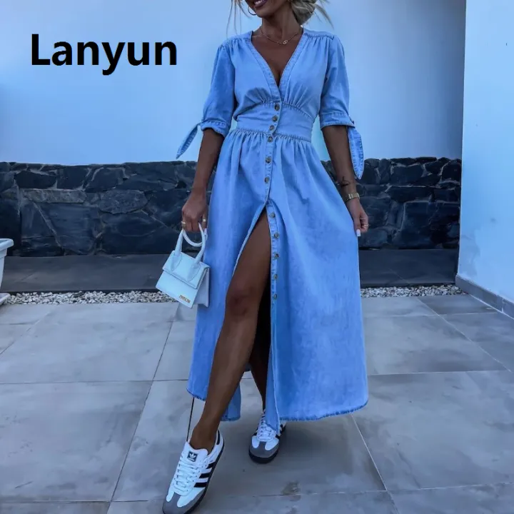 Lanyun%20Spring%20Summer%20New%20Women's%20Clothing%20Solid%20Color%20Fashion%20Bargain%20price%20V-neck%20Long%20Single-Breasted%20Denim%20Dress%20-%20Image%202