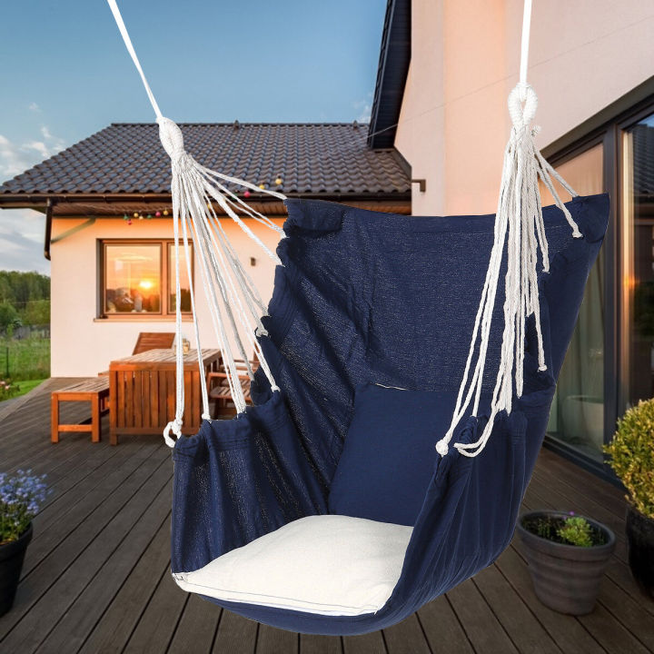 thumbnail interactive-video image 1 of Pezlun Hammock Chair With 2 Cushions - 330 Lb Capacity Canvas Hanging Chair For Indoor & Outdoor 1 of 12