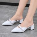 Premium Women's Glossy Patent Leather Pointed Toe Bow Block Heel Mules – Elegant Slip-On Dress Shoes. 