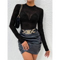 Y2K Slim Fit T-Shirts for Women Long Sleeve High Neck Tops Mesh Stretchy Going Out Tops Fashion Shirt Black XXL. 