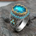 [ New ] Rong Yu Fashion Sapphire Ring Men's Retro Diamonds Gemstone Two-Tone Ring for Ornament. 