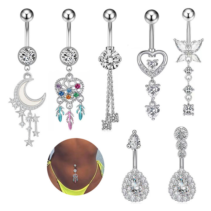 Zircon Moon Star Heart Pendant Navel Piercing Ornament Butterfly Water Drop Belly Button Ring For Women Body Piercing Jewelry Fullhouse