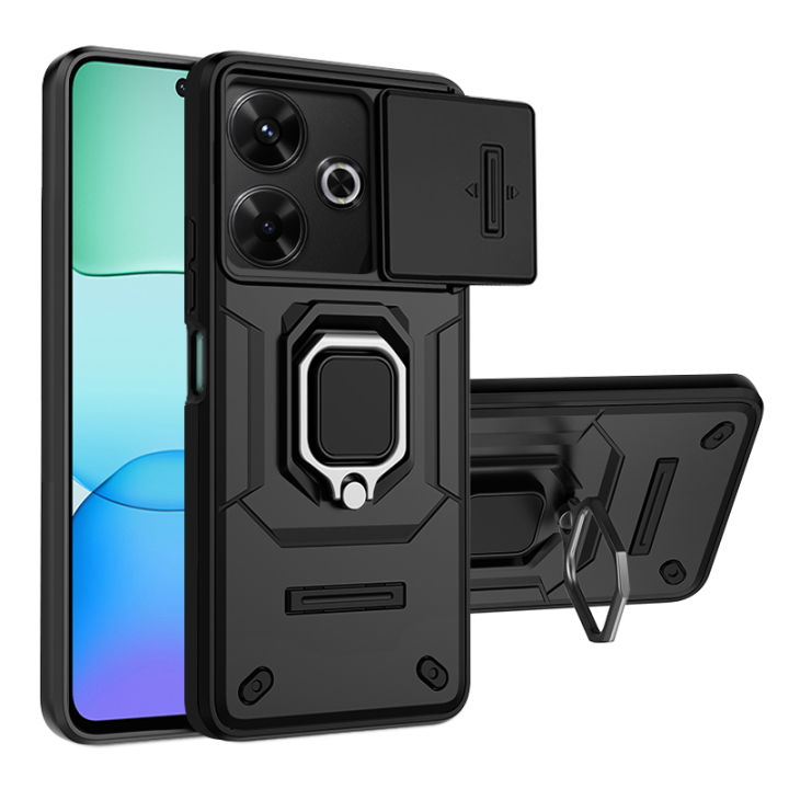 Vantime Case for Xiaomi Redmi 13 / Poco M6 4G Rugged Impact-resistant Sliding Cover Hard Stand Back Casing