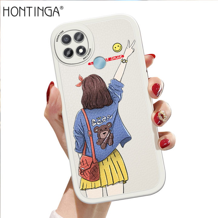Hontinga for OPPO A15 A15S Back Cover PU Leather Elegant Girl