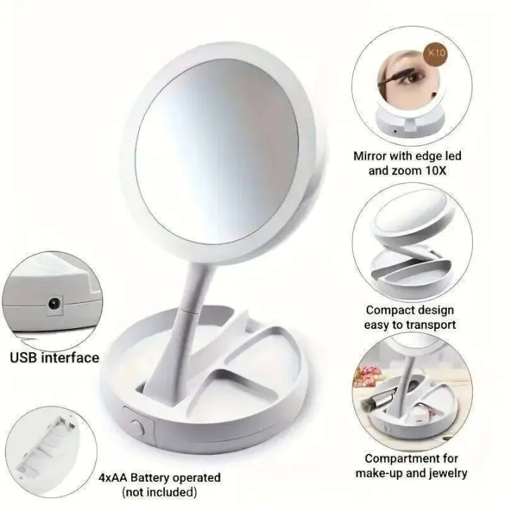 Dual%20Magnification%20Vanity%20Mirror%20-%201X%20&%2010X%20with%20White%20LED%20Lights,%20Foldable%20Compact%20Design%20for%20Professional%20Makeup%20Application%20-%20Image%202