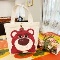 Canvas Bag Strawberry Bear Cute Cartoon Printing Student Foreign Trade All-match Environmental Protection Hand Shopping Bag Hand Small Cloth Bag. 