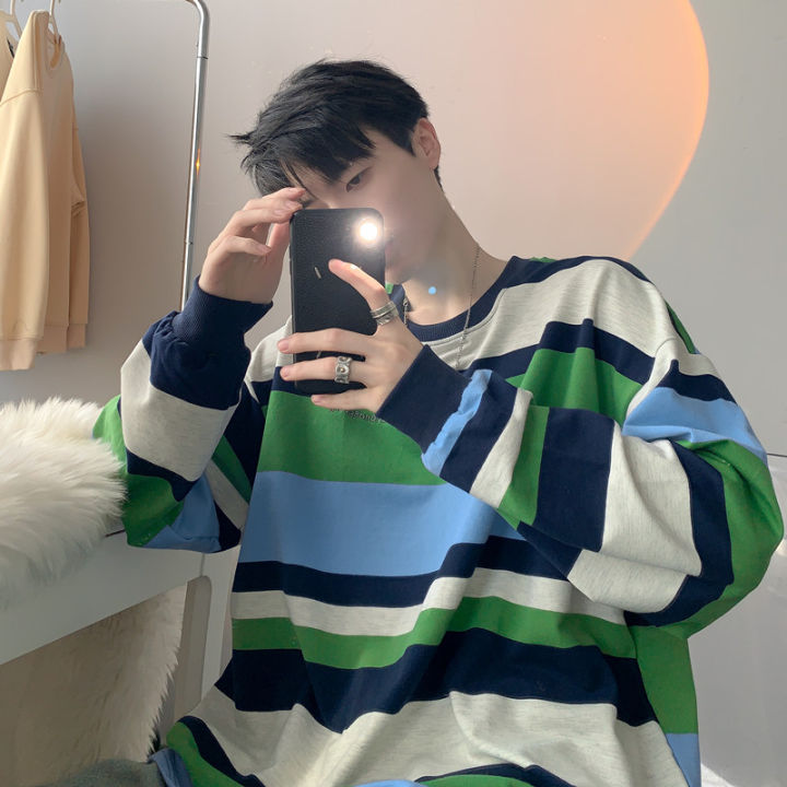 Mixed Color Stripe Hong Kong Style Pullover Casual Long Sleeve