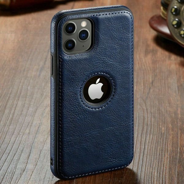TPU With Logo Hole Leather Protective Mobile Back Cover for iPhone 13 Pro Max Case Logo Cut Design Dark Blue Color