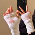 Cute Cat Paw Half Finger Gloves Soft Thicken Fingerless Gloves Warm Plush Knitted Gloves Winter. 