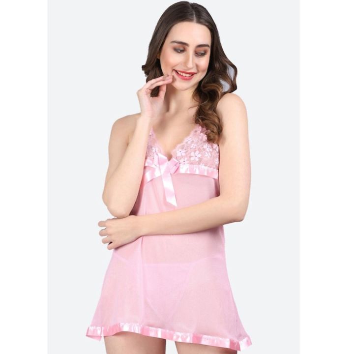 Stylish Nightwear Babydoll Lingerie for Honeymoon with G String Panty Free Size Pink Color