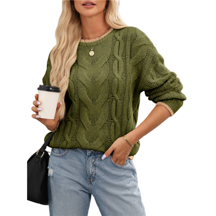 Women'S Fall Winter Fashion Round Neck Long Sleeve Colorblock Sweater Tops Chunky Knit Pullover Sweaters