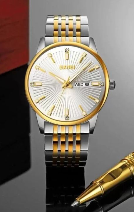 SKMEI 9323 Luxury Stainless Steel Strap Date week Watch Fashion Japan movement Golden Tuton - Men
