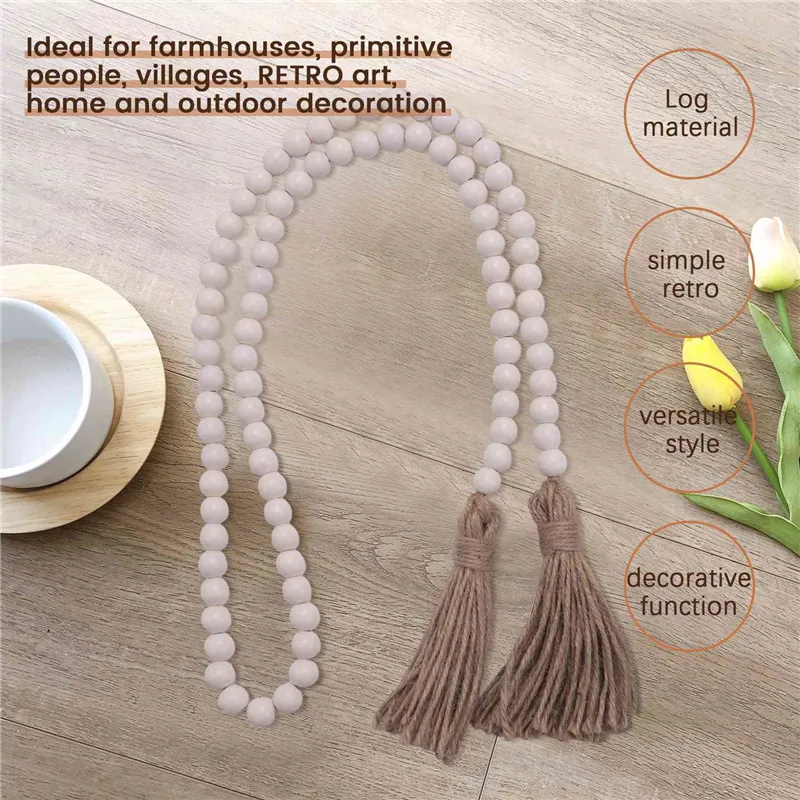 Wood Bead Garland with Tassels,Farmhouse Beads Rustic Country