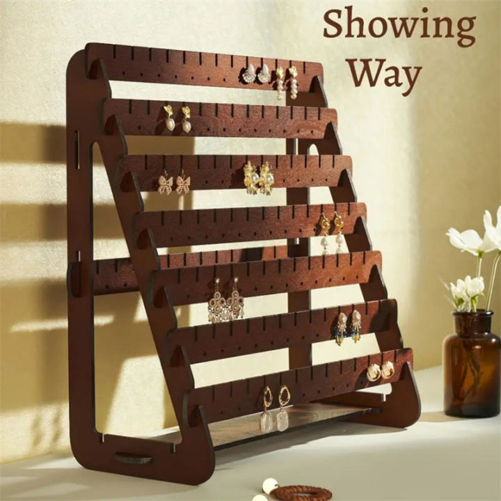 Vintage Wooden Earrings Display Stand Large Capacity Ear Studs Holder Dangle Earring Jewelry Storage Rack Counter Showcase