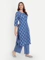 Msya Fashions Jaipur Block Print Cotton Kurta Set for Women with Button details and Hand Block Prints on Kurta and Pant- Indigo Blue Kurta Set. 