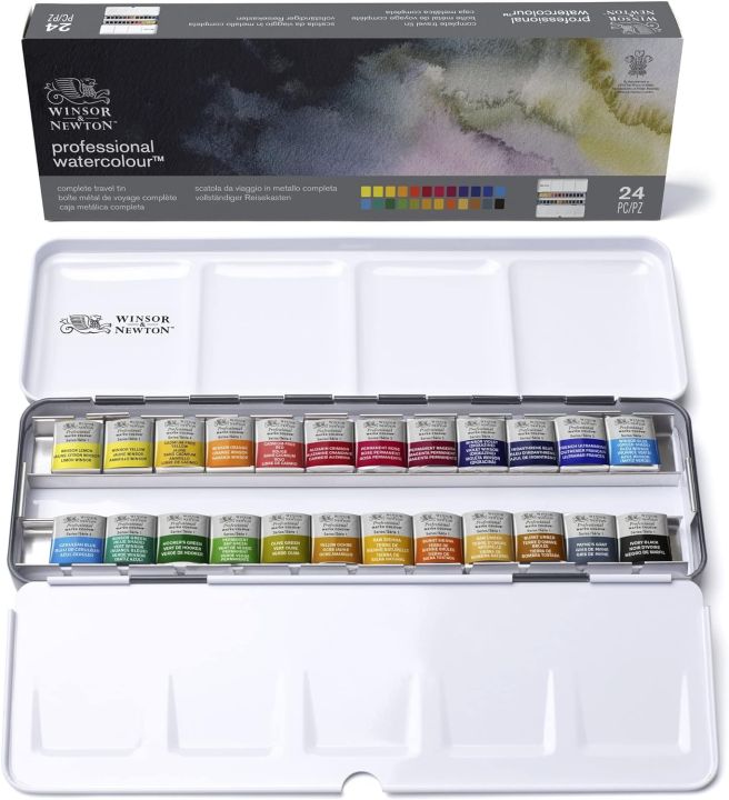 Winsor & Newton : Professional Watercolour : Lightweight Metal Sketchers Box Set : 24 Half Pans (24 Colors Set)