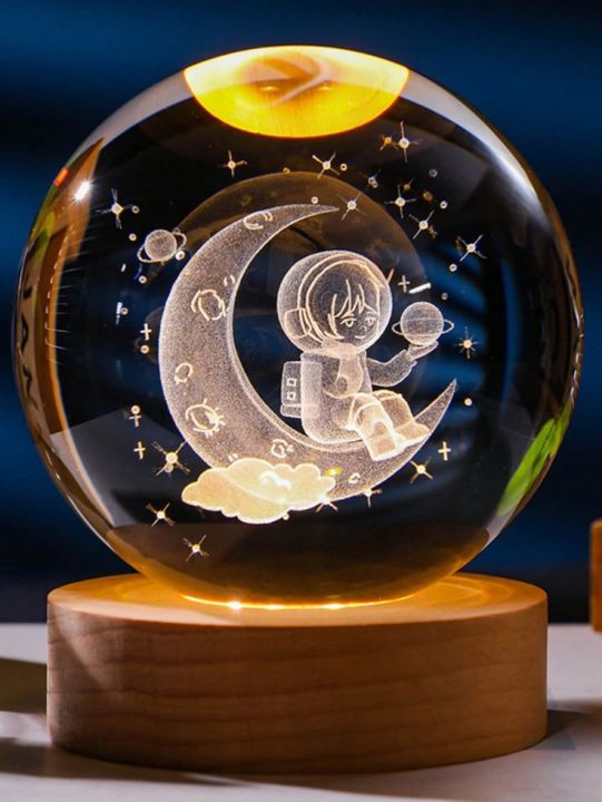 3D Galaxy Crystal Ball Night Light Glass Ball Night Lamp With Wood Base