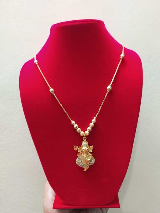 Pure Gold Plated Chain With Ganesh Shaped Locket With White Stone And Ruby For Women