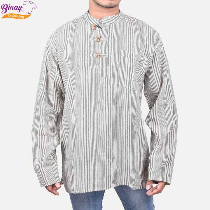 Binay Embroidery Nepali Kurta Off White Strip Shirt For Men - Fashion | Kurtha Shirts For Men | Men's Wear |