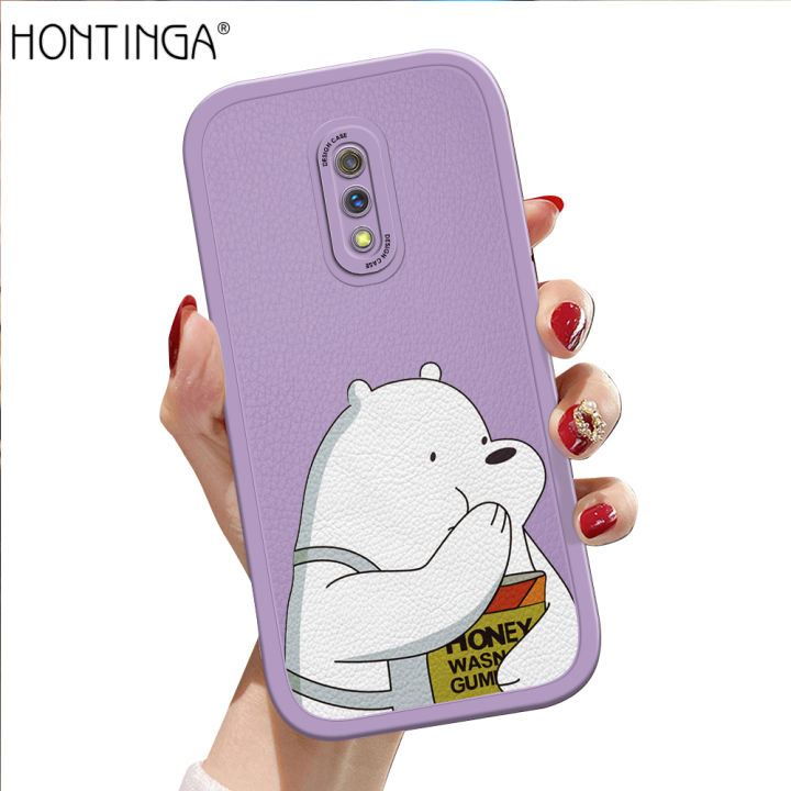 Hontinga for Realme X Back Cover PU Leather We Bare Bears Print Soft Silicone Edge Phone Case