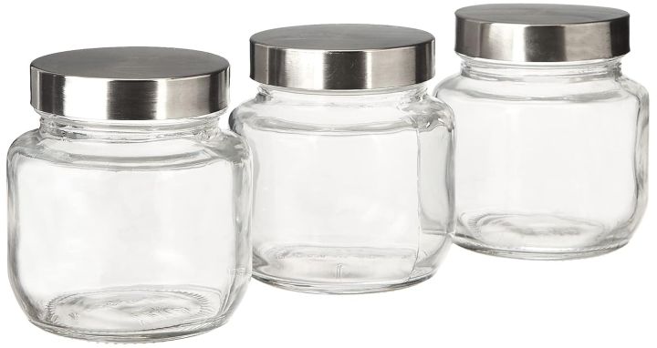Yera Glass Jar Aahar Steelex Jar Achar Jar 3 pcs set Air tight Container Round Jar Glass Jar Stainless Steel Lid 250 gm 500 gm 750 gm 1 kg  2 kg 3 kg 4 kg 5 kg