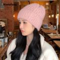 Wenefang orean ersion of ertal thread bright silk rabbit hair hat, solid color, thiened warm knit hat for autumn and winter, with a large head circumference and cold hat. 