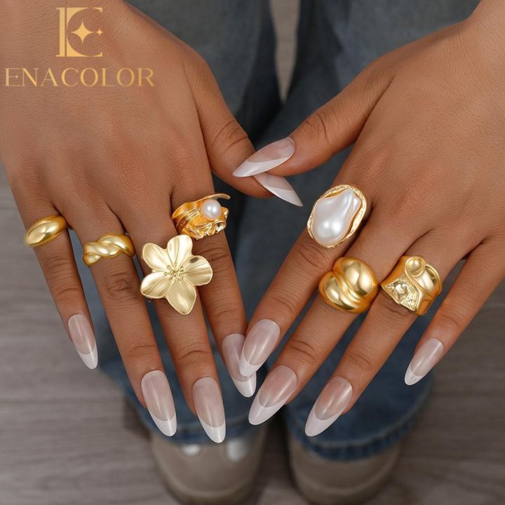 Enacolor Elegant Women Exaggeration Irregular Geometry Flower Ring Set Gold Metal Pearl Joint Open Rings Jewelry Accessories