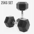 25 Kg Rubber Hex Dumbbells (Pair) Set of 2 Hexa Rubber Dumbbell with Metal Handles, Pair of 2 Heavy Dumbbells 25 kg each Dumbell Total 50 kg. 