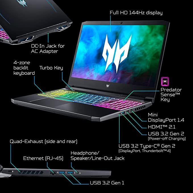 Acer PREDATOR HELIOS 300 PH315-54-760S GAMING Core™️ i7-11800H 512GB SSD 16GB 15.6" (1920x1080) 144Hz WIN11 NVIDIA®️ RTX 3060 6144MB BLACK Backlit Keyboard