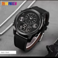 SKMEI 1653 Men’s World Time Dual Display Movement LED Electronic Multifunction Leather Strap Watch – Black. 