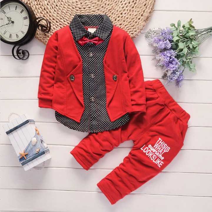 Stylish Baby Boys Cotton Blazer Style Formal and Pant Set with Bow - Main Image