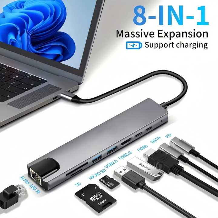 8 In 1 Type C To USB-C 4K HDMI Adapter USB 3.0 Multiport Cable Hub ...