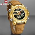 NaviForce NF9208 Men's Dual Display LCD Leather Strap Complete Calendar Wristwatch - Golden. 