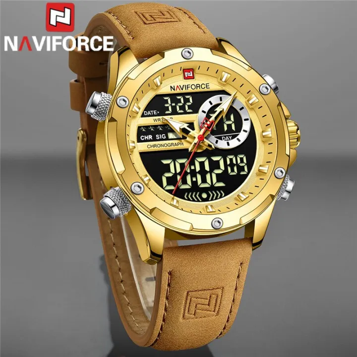 NaviForce%20NF9208%20Men's%20Dual%20Display%20LCD%20Leather%20Strap%20Complete%20Calendar%20Wristwatch%20-%20Golden%20-%20Image%204