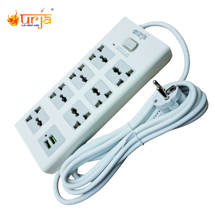 Urja B42-3M 7 Port Extension Multiplug with 2 USB Ports (2.1A), 2500W Power, 10A, 3 Meter Cord – 1 Master Switch, Energy Efficient, Ideal for Home & Office Use