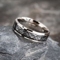 8mm Viking Dragon Pattern Ring for Weddings, Engagements, and Anniversaries, Titanium Steel with Blue Black Celtic Inlay. 
