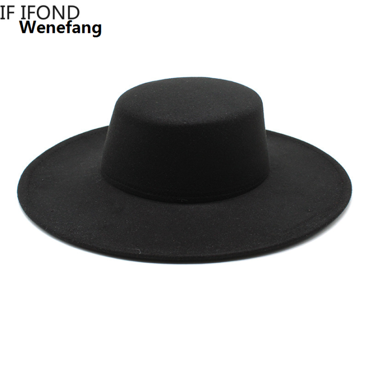 Wenefang%20French%20Women's%20Hat%20Big%20Wide%20Brim%2010CM%20Fedora%20Hat%20Winter%20Wool%20Derby%20Wedding%20Jazz%20Hats%20Flat%20Top%20Felt%20Hat%20-%20Image%202