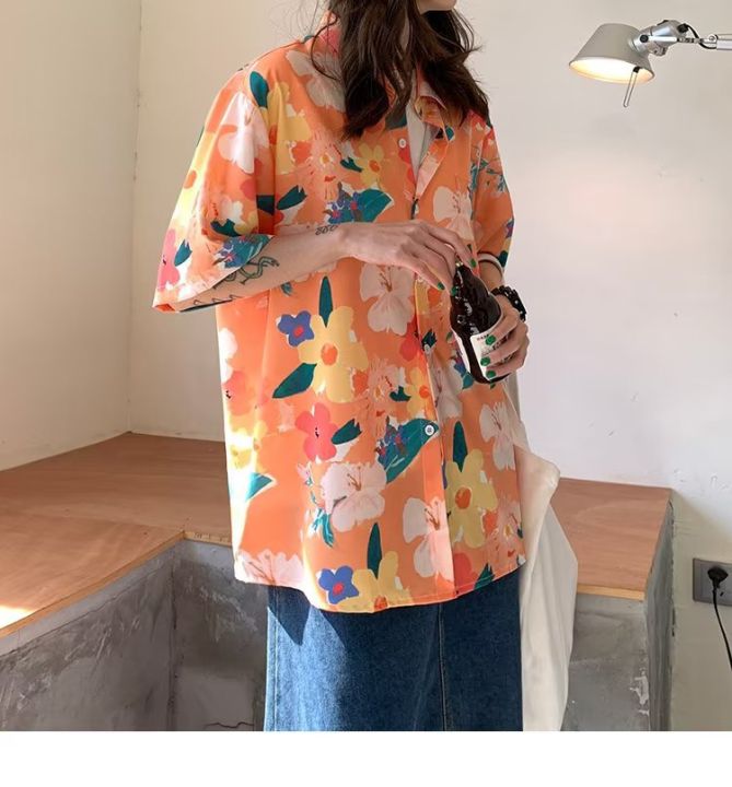 Hawaiian Floral Shirt Retro Hong Kong Style Couple Loose Fitting Japanese Unique Niche Short Sleeved Shirt For Unisex