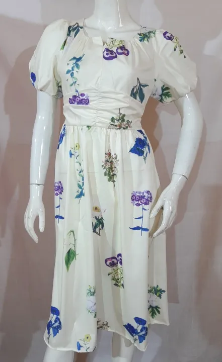 Off%20White%20Puff%20Short%20Sleeve%20Printed%20V-Neck%20Vintage%20Temperament%20Bohemian%20Floral%20Fairy%20Dress%20For%20Women%20-%20Image%203