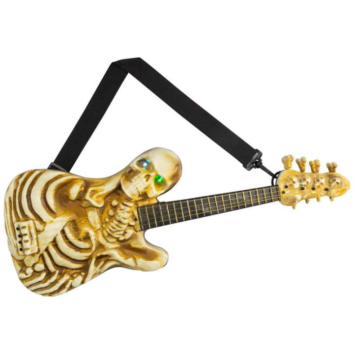 (GGBR) Lighted Rockin' Skeleton Guitar with Sound Halloween Decoration Halloween Skull Electric Guitar Pendant Props