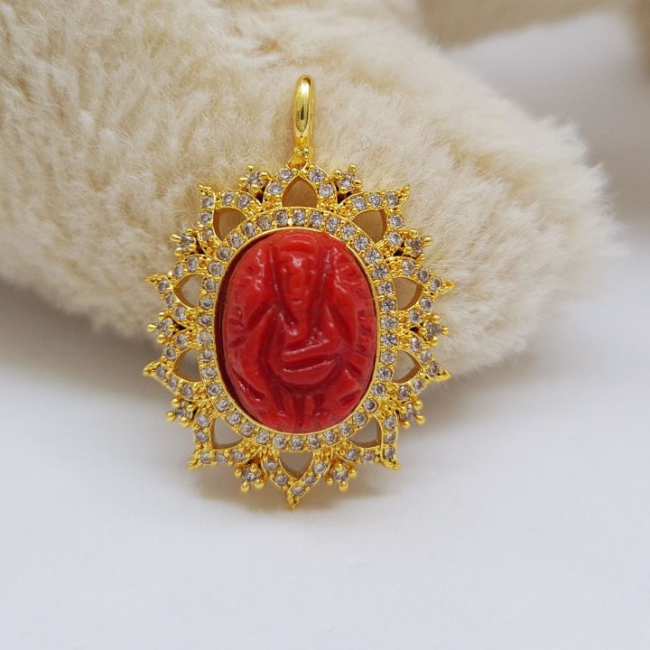 Ganesh Muga Locket Gold Plated Chain With Red Muga Ganesh Shaped