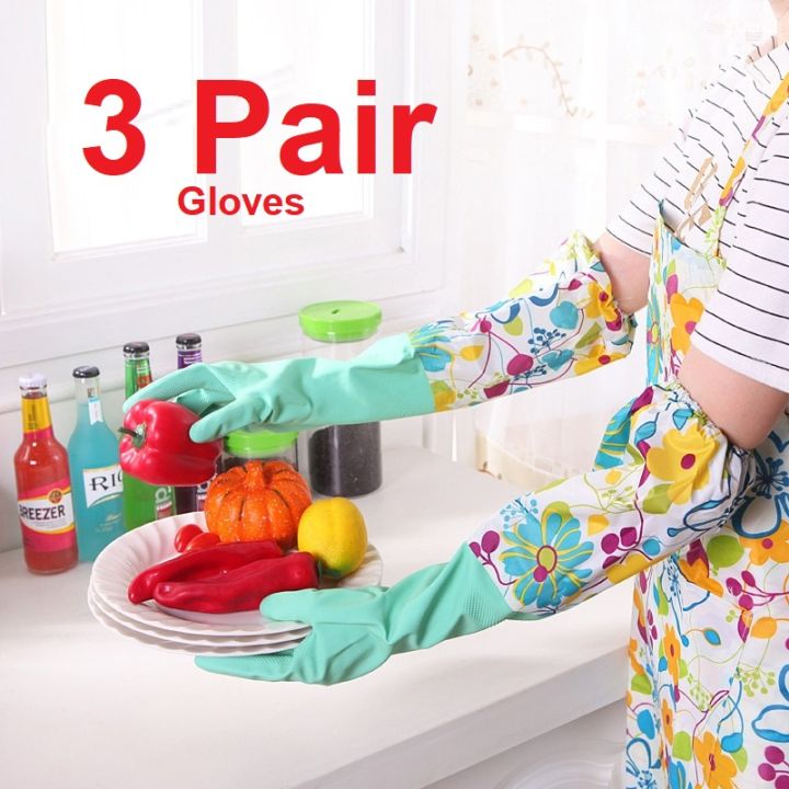 3 Pair Household Latex Cleaning Gloves Apron, Dish Washing Gardening Laundry Kitchen Rubber Long Gloves Without Fluff Inside Single