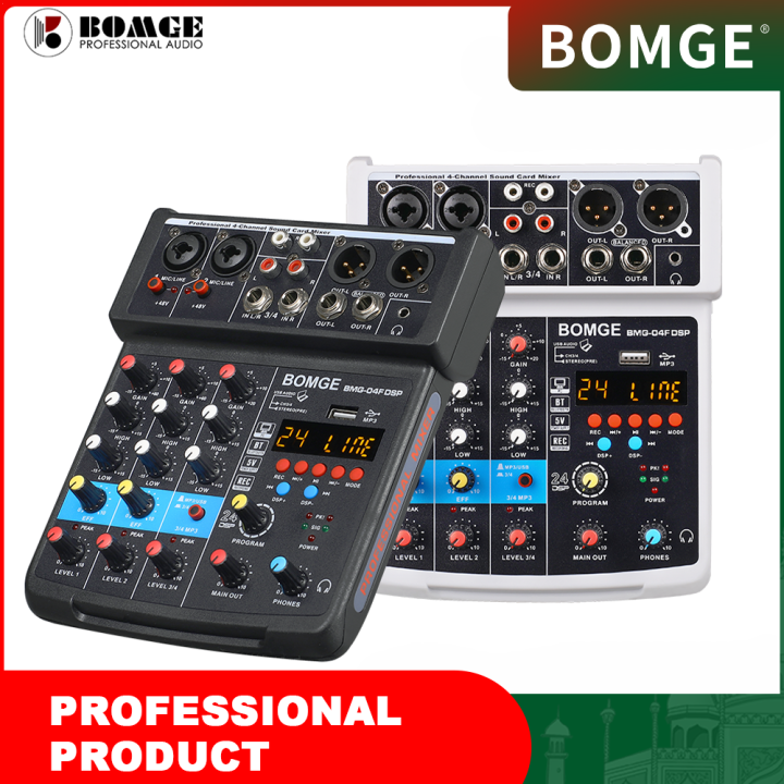 BOMGE 4 Channel mini DJ Audio Sound Mixer Interface with MP3、  Bluetooth , Stereo Recording, 48V Phantom Power, 24 DSP for karaoke, performance,  singing 、 podcas streaming