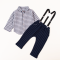 2-Piece Baby Boy Check Shirt with Bow Tie and Striped Suspender Pants Set - Ash. 