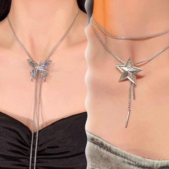 Titanium Steel Pull Butterfly Necklace Women's Long Tassel Clavicle Chain Light Luxury Fashion Versatile Hot Girl Body Jewelry Cologo