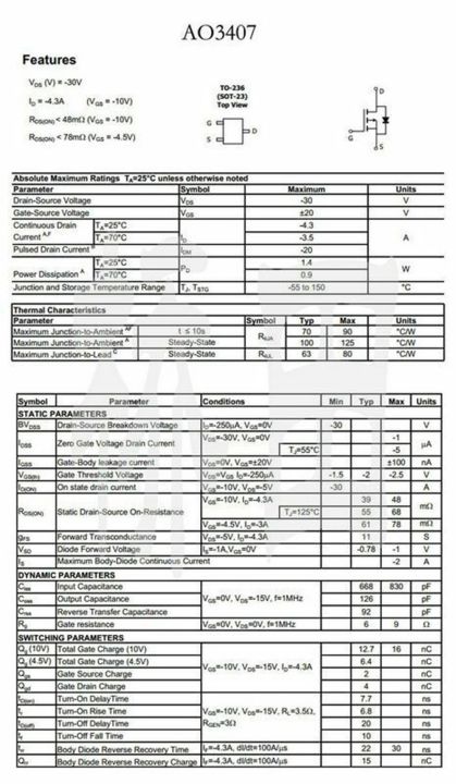 20pcs%20AO3407%20A79T%204.3A/30V%20SOT23%20SMD%20MOS%20P-Channel%20MOSFET%20Transistor%20-%20Image%202